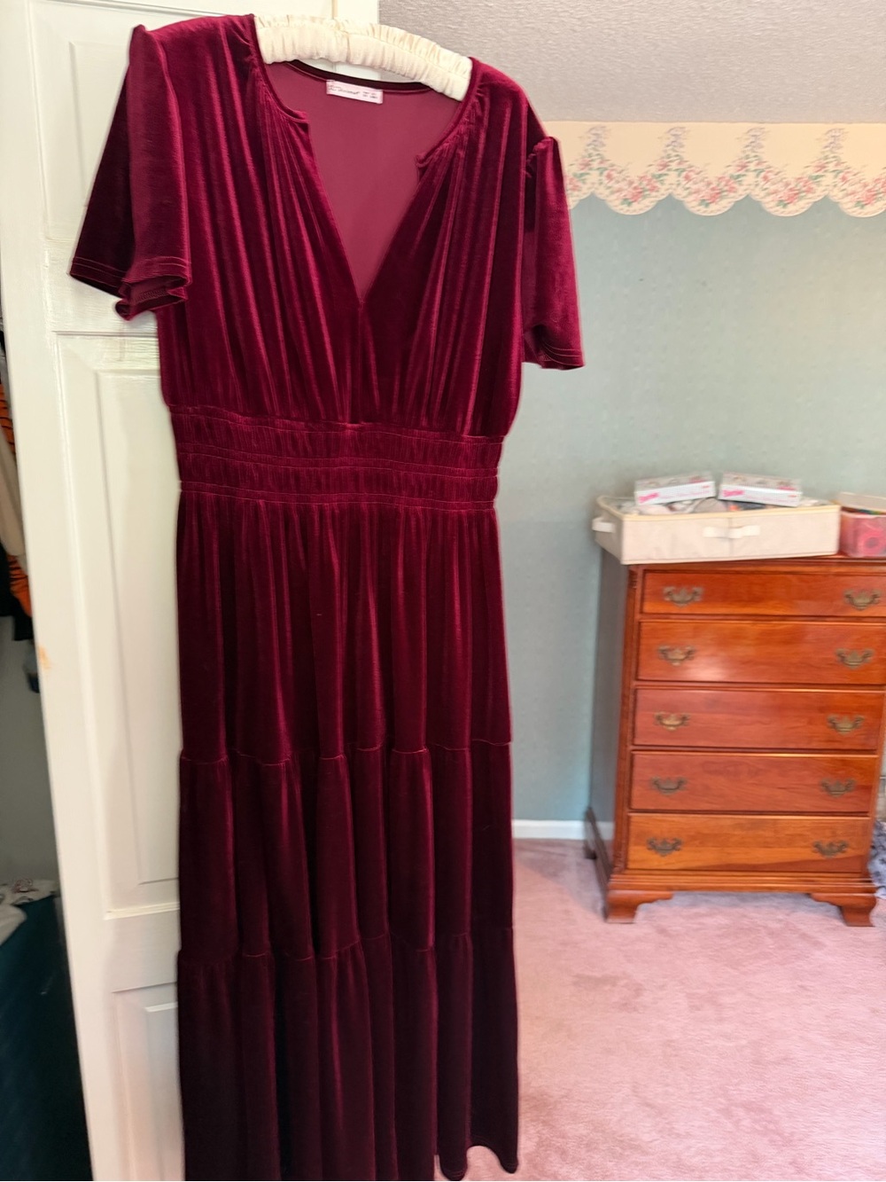 Velvet V-Neck Tiered Maxi Dress - Deep Wine